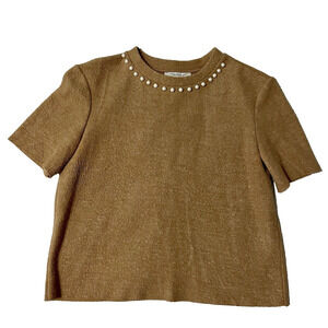 Zara Trafaluc Pearl Beaded Cropped Sweater Top Size Small Brown Short Sl…